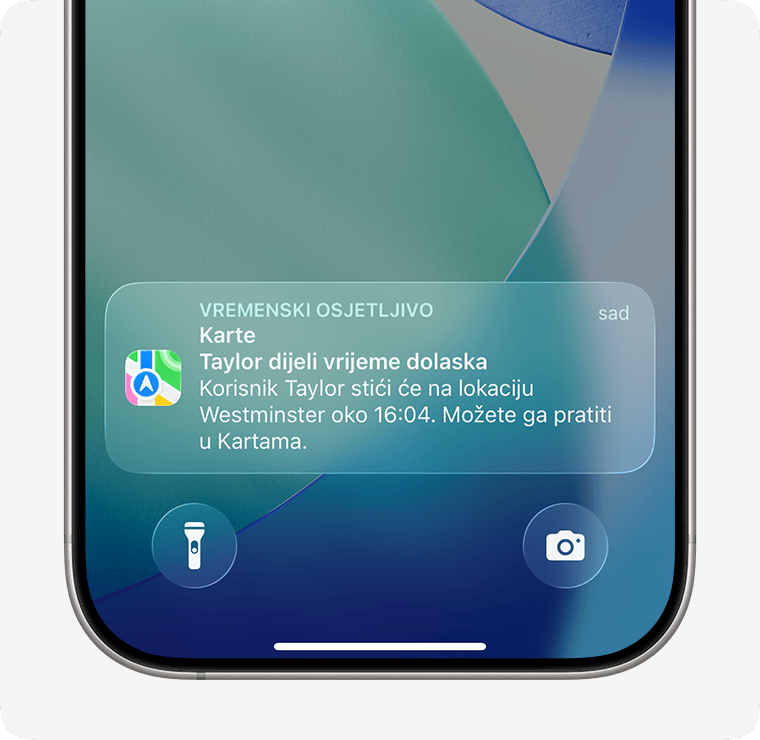 Kada podijelite svoje očekivano vrijeme dolaska u aplikaciji Karte, osoba s kojom ste ga podijelili dobit će obavijest.