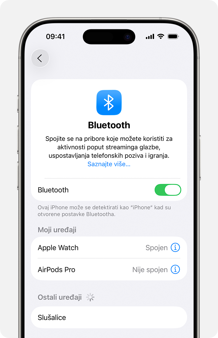iPhone s prikazom Bluetooth postavki, s omogućenim Bluetoothom i prikazom povezanih i nepovezanih uređaja u odjeljku Moji uređaji.
