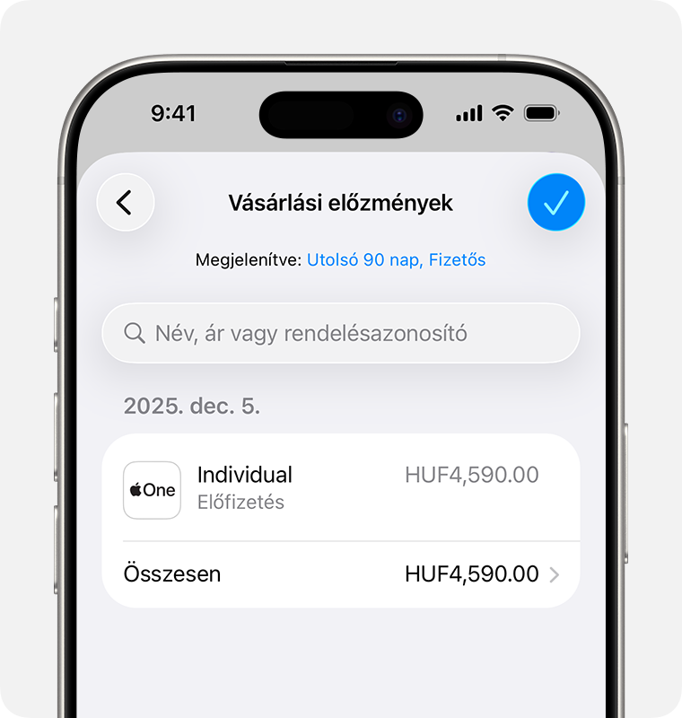 Egy kép, amelyen az iPhone-on megjelenő Vásárlási előzmények lap látható.