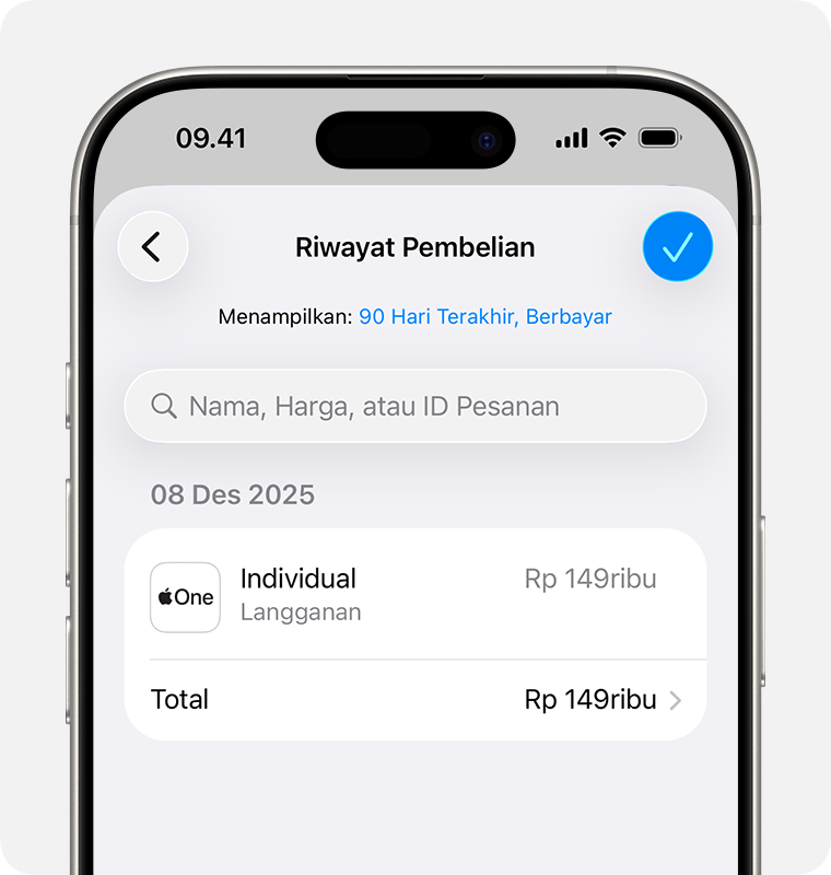 Gambar yang menampilkan Riwayat Pembelian di iPhone.