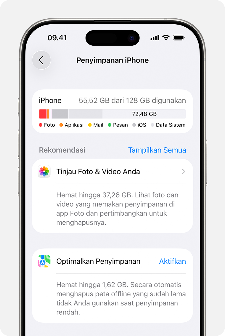 Rekomendasi penyimpanan di app Pengaturan di iPhone.