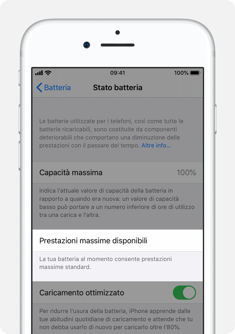 Schermata dello stato della batteria con la capacità di picco delle prestazioni evidenziata.