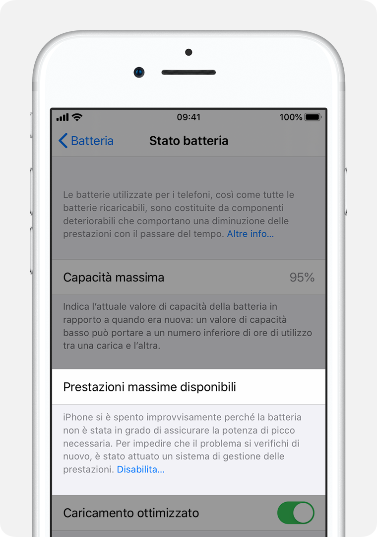 Schermata dello stato della batteria con la capacità di picco delle prestazioni evidenziata.