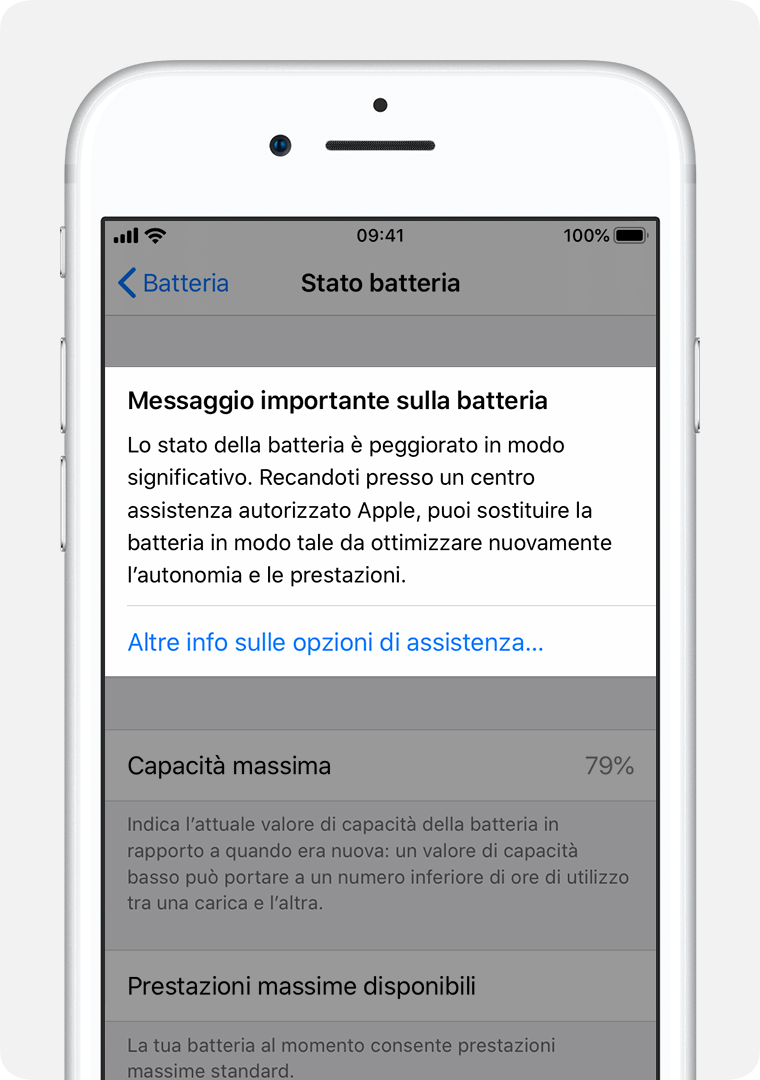 Schermata dello stato della batteria, con l'avviso “Messaggio importante sulla batteria” evidenziato.