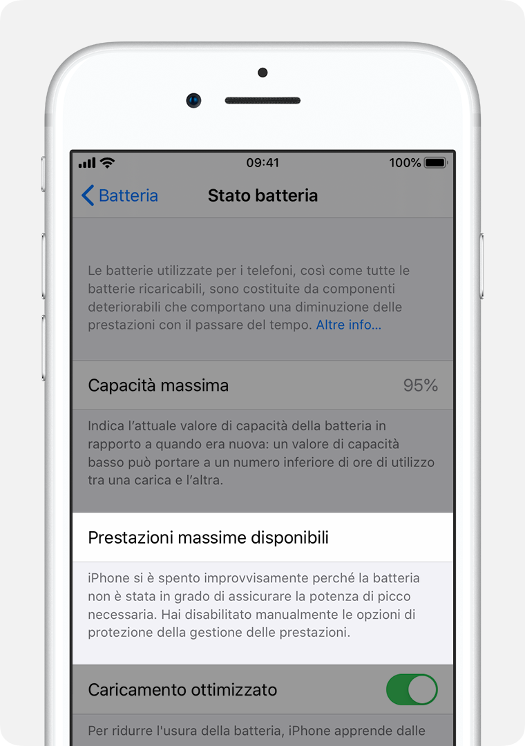 Schermata dello stato della batteria con la capacità di picco delle prestazioni evidenziata.