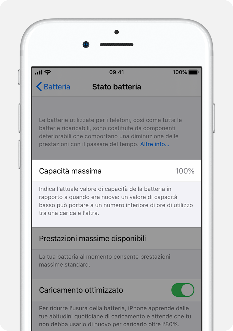 Schermata dello stato della batteria con la capacità massima evidenziata.