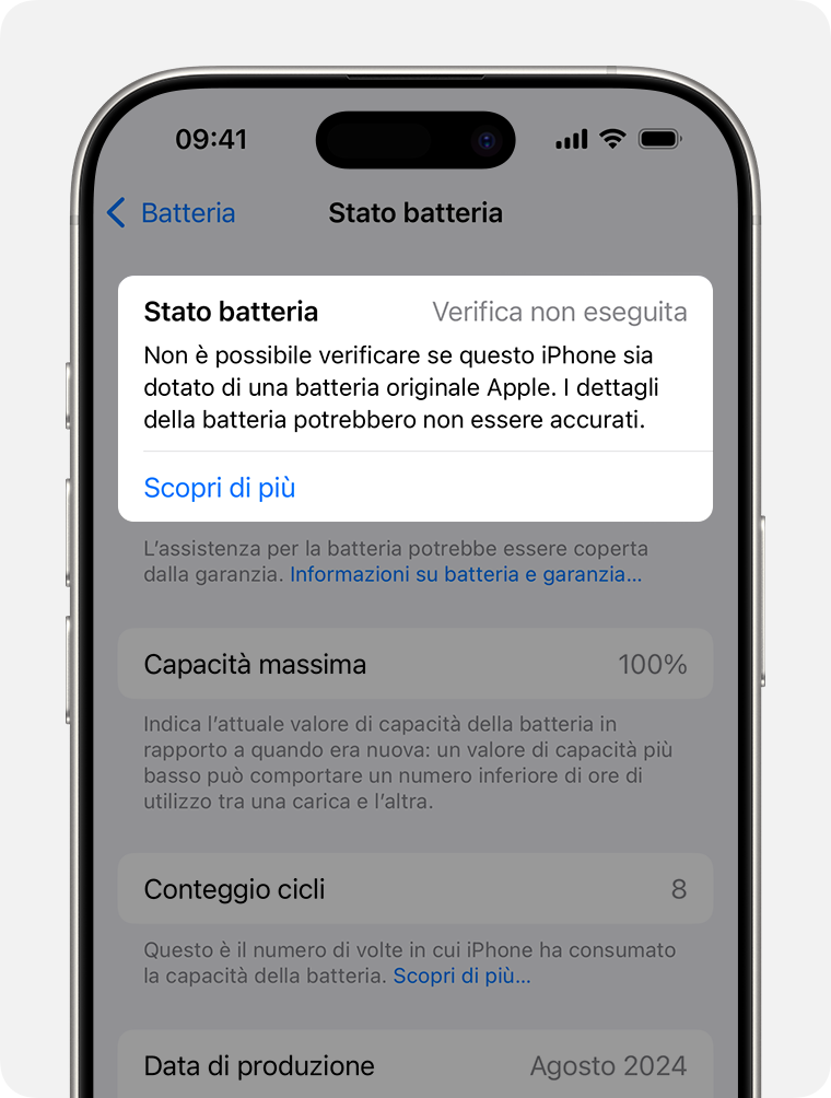 Schermata dello stato della batteria, con la sezione Stato batteria evidenziata.