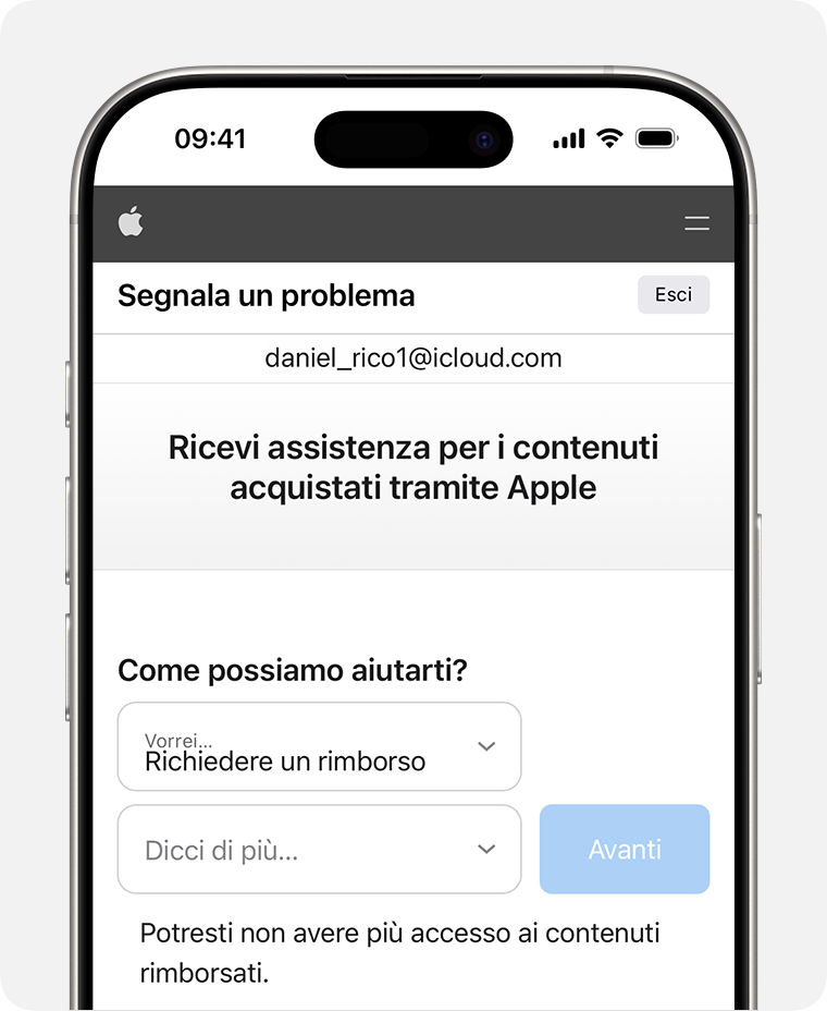 iPhone che mostra il sito Segnala un problema in cui è possibile richiedere un rimborso. Dopo aver scelto “Richiedere un rimborso”, scegli il motivo per cui lo stai richiedendo.
