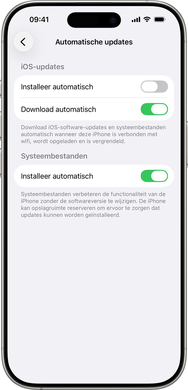Besturingselementen voor het automatisch installeren en downloaden van iOS-updates en systeembestanden.
