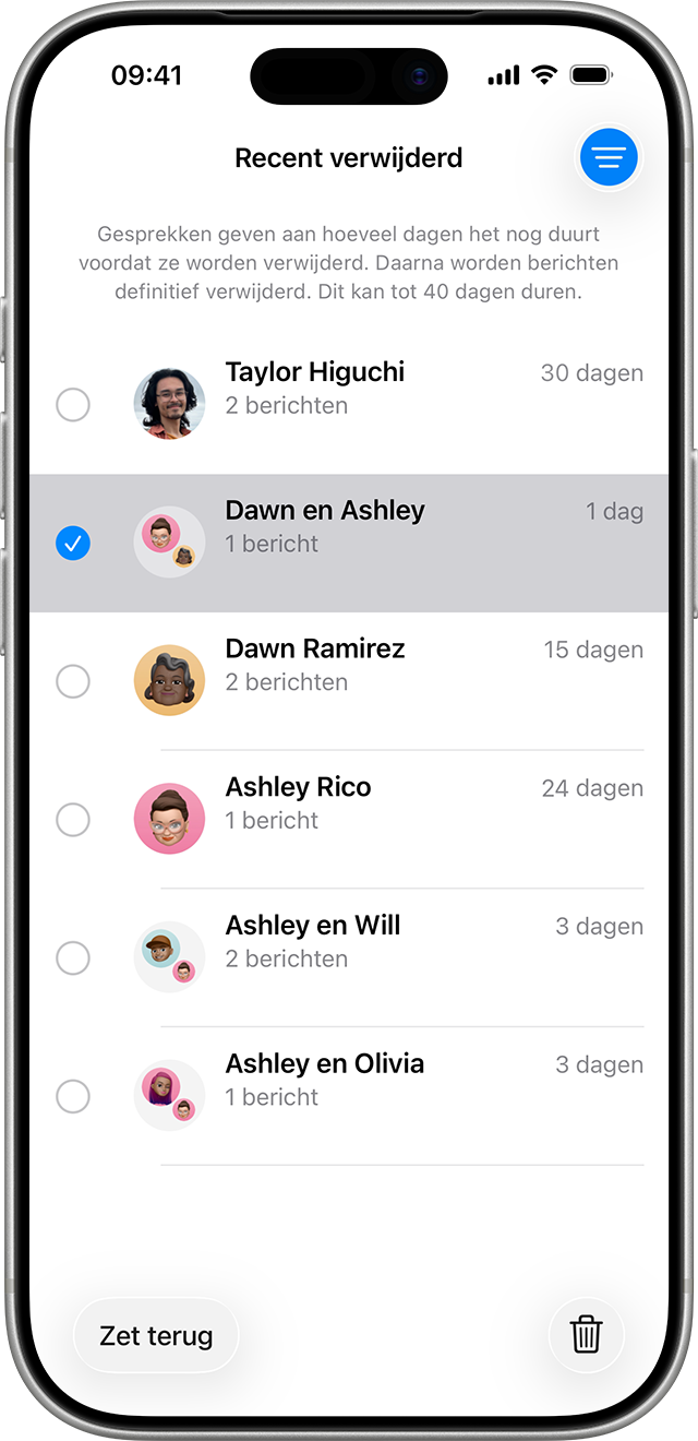 Tik op de pagina 'Recent verwijderd' in Berichten op het gesprek dat berichten bevat die je wilt herstellen.