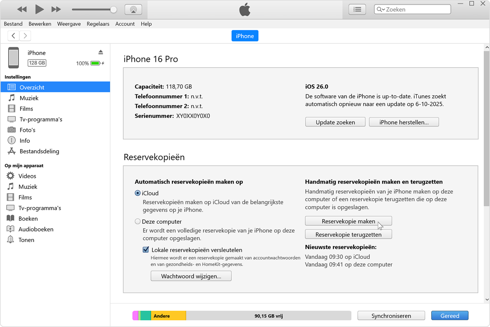 Cursor boven de knop ‘Maak nu back‑up’ in iTunes voor Windows.