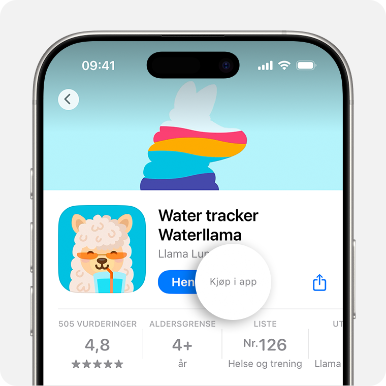 iPhone som viser en app i App Store med Kjøp i app ved siden av Hent-knappen.
