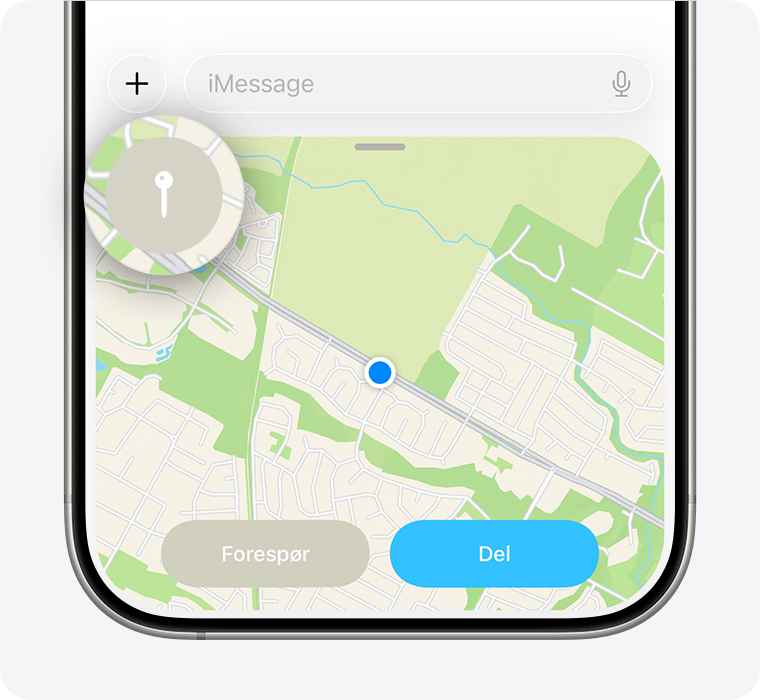 For å dele den gjeldende posisjonen din i Meldinger som en nål, trykker du på nålknappen nær toppen av kartvisningen i Meldinger.