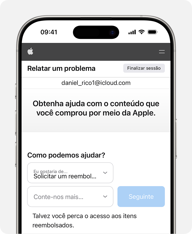 iPhone mostrando o site Relatar um problema, onde você pode solicitar um reembolso. Depois de selecionar "Solicitar um reembolso", escolha o motivo pelo qual você está solicitando o reembolso.