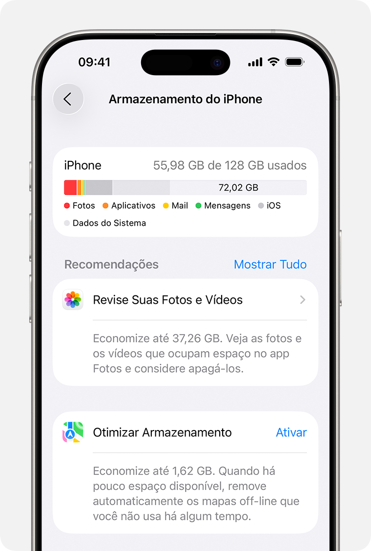Recomendações de armazenamento no app Ajustes no iPhone.