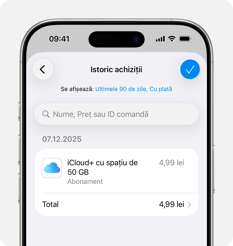 O imagine care afișează secțiunea Istoric cumpărături pe un iPhone.