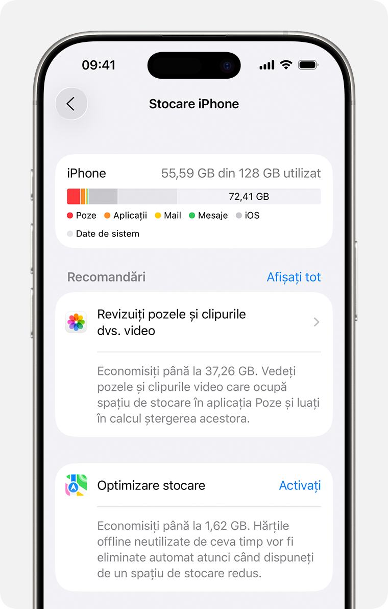 Recomandări pentru spațiul de stocare în aplicația Configurări de pe iPhone.
