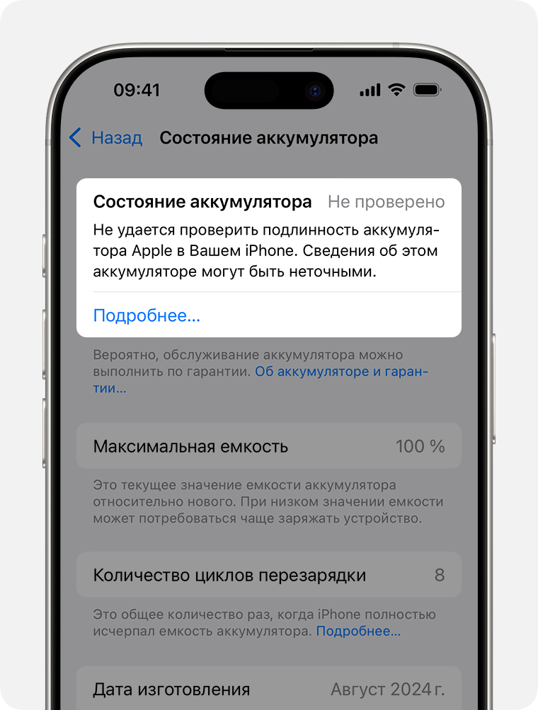 Экран «Состояние аккумулятора» с выделенным разделом «Состояние аккумулятора».