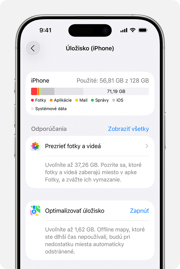 Odporúčania týkajúce sa úložiska v apke Nastavenia na iPhone.