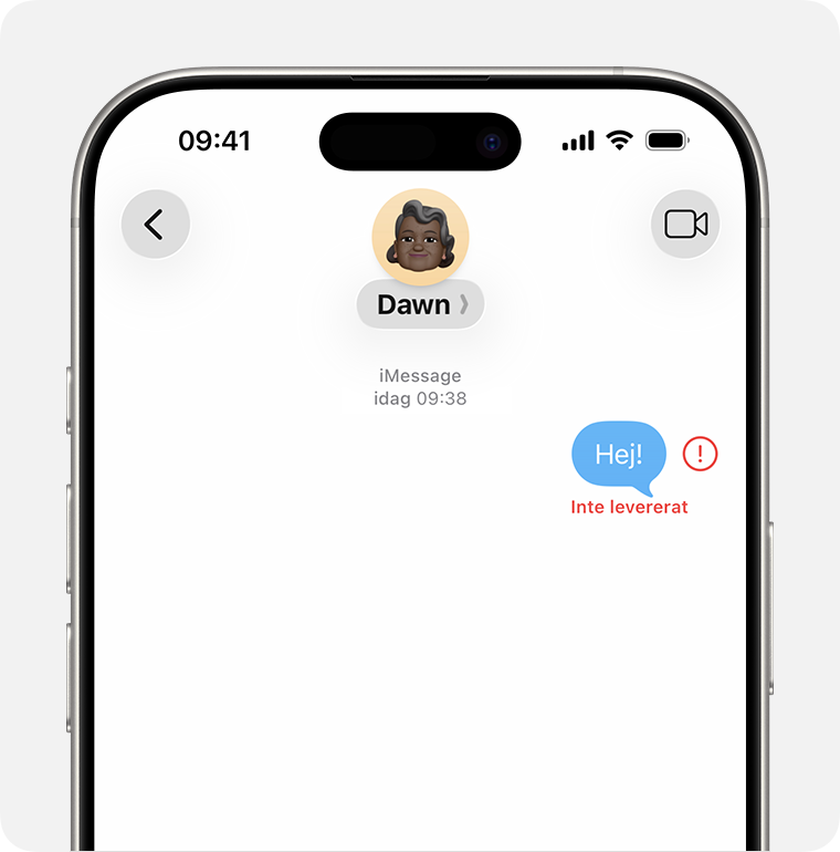 Ett rött utropstecken visas när ditt meddelande inte har levererats i Meddelanden.