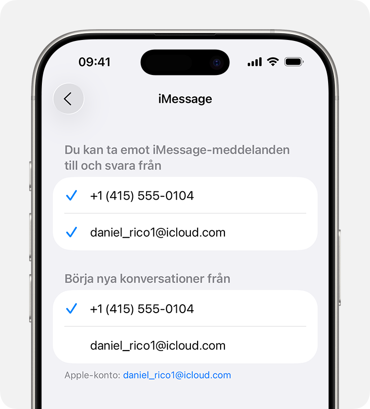 I Inställningar > Appar > Meddelanden > Skicka och ta emot kan du välja om du vill skicka meddelanden från ditt telefonnummer eller din e-postadress som standard.