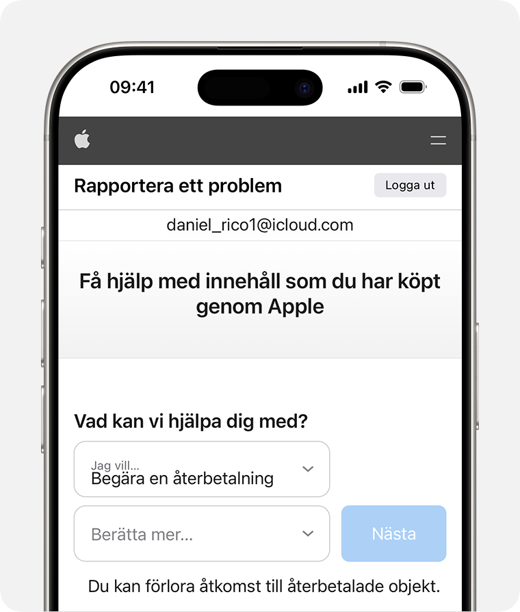 iPhone som visar webbsidan Rapportera ett problem där du kan begära en återbetalning. Efter att du har begärt en återbetalning väljer du skälet till att du ber om en återbetalning.