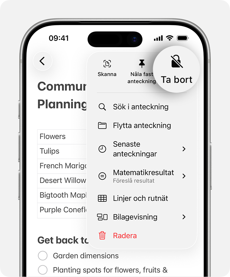 Om du vill ta bort ett lås trycker du på knappen Mer i en anteckning och sedan på Ta bort.