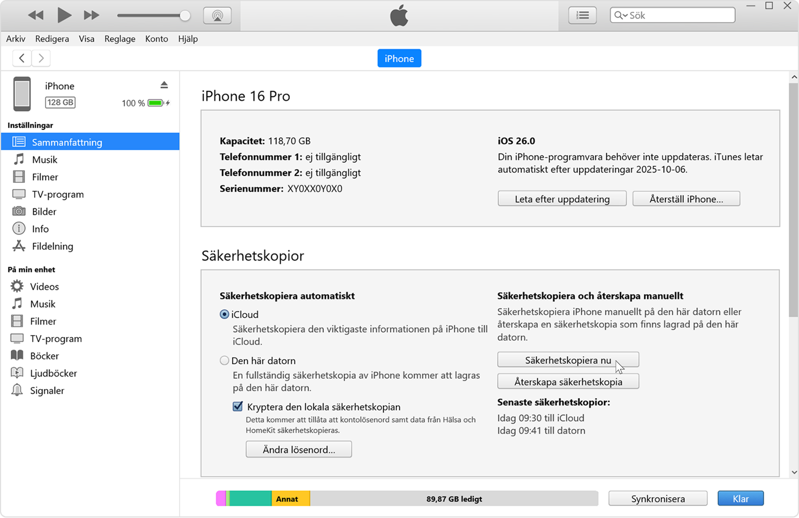 Håll muspekaren över knappen Säkerhetskopiera nu i iTunes för Windows.