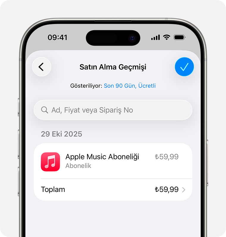 iPhone'da Satın Alma Geçmişi'ni gösteren görüntü.