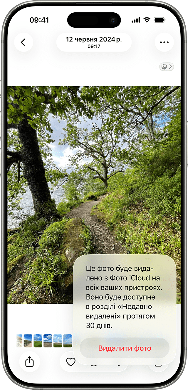 Екран iPhone, на якому показано варіант «Видалити фото»