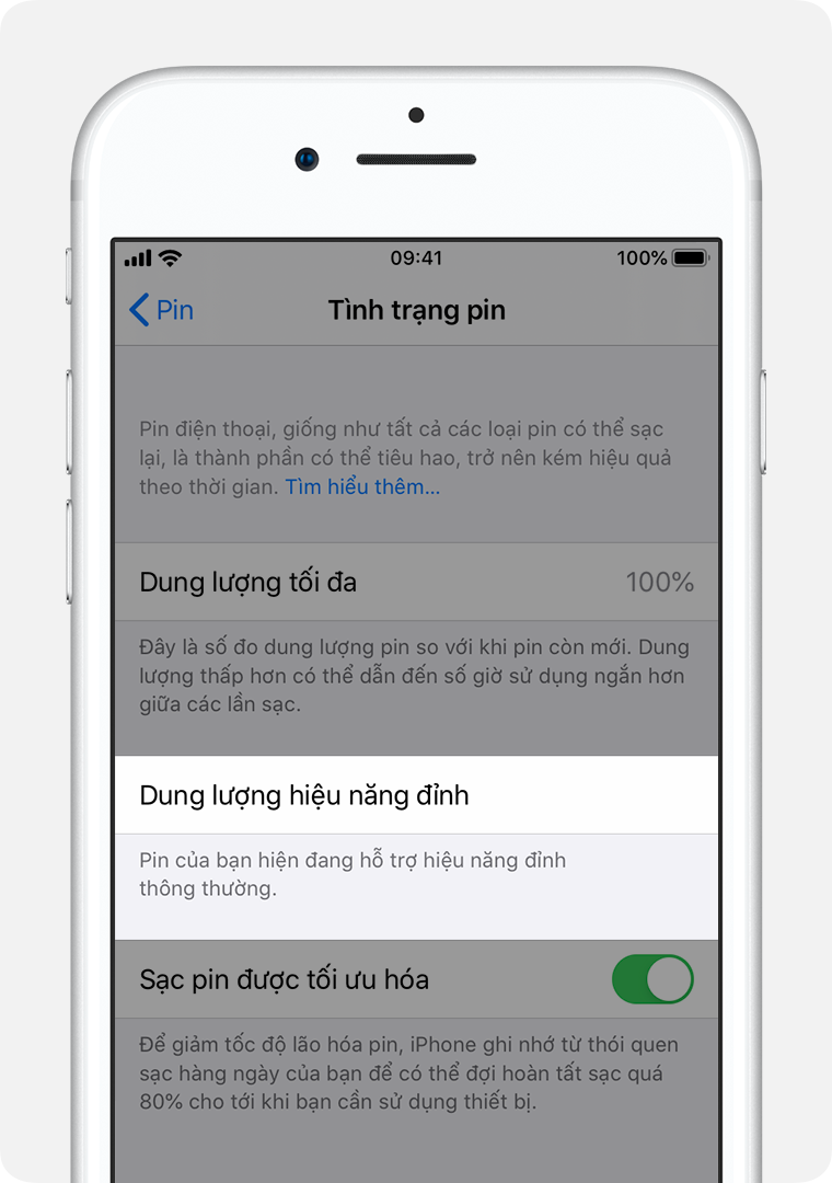 Màn hình Tình trạng pin với mục Dung lượng hiệu năng đỉnh được tô sáng.