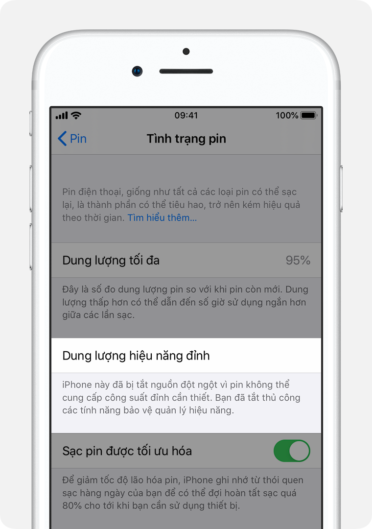 Màn hình Tình trạng pin với mục Dung lượng hiệu năng đỉnh được tô sáng.