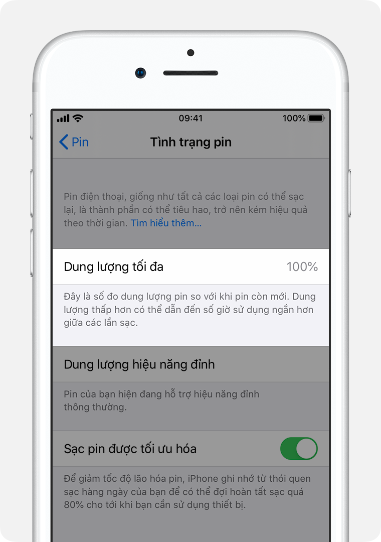 Màn hình Tình trạng pin với mục Dung lượng tối đa được tô sáng.