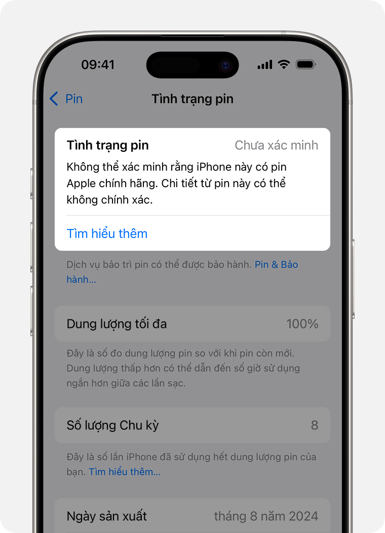 Màn hình Tình trạng pin với mục Tình trạng pin được tô sáng.