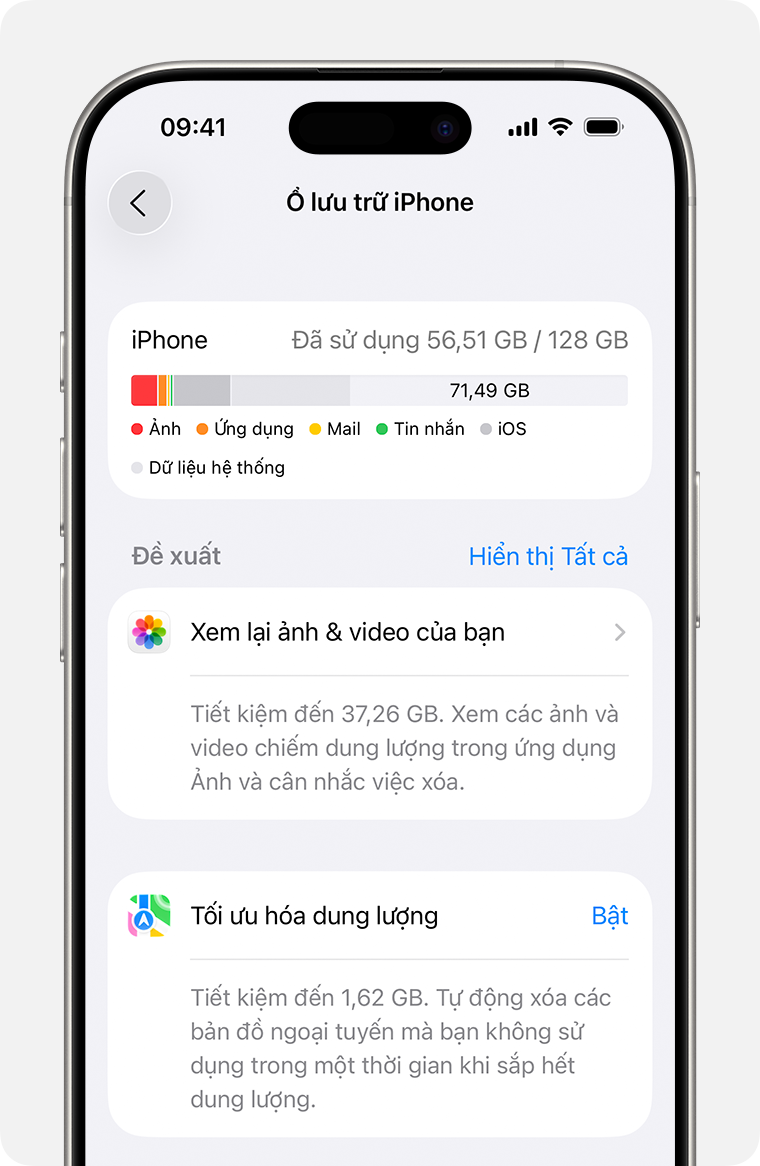 Các đề xuất về dung lượng trong ứng dụng Cài đặt trên iPhone.