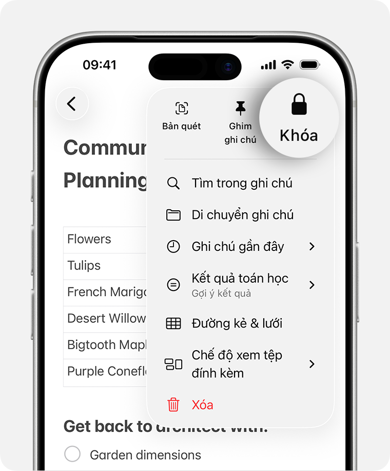 Khi bạn mở ghi chú, hãy chạm vào nút Xem thêm rồi chạm vào Khóa để khóa ghi chú.