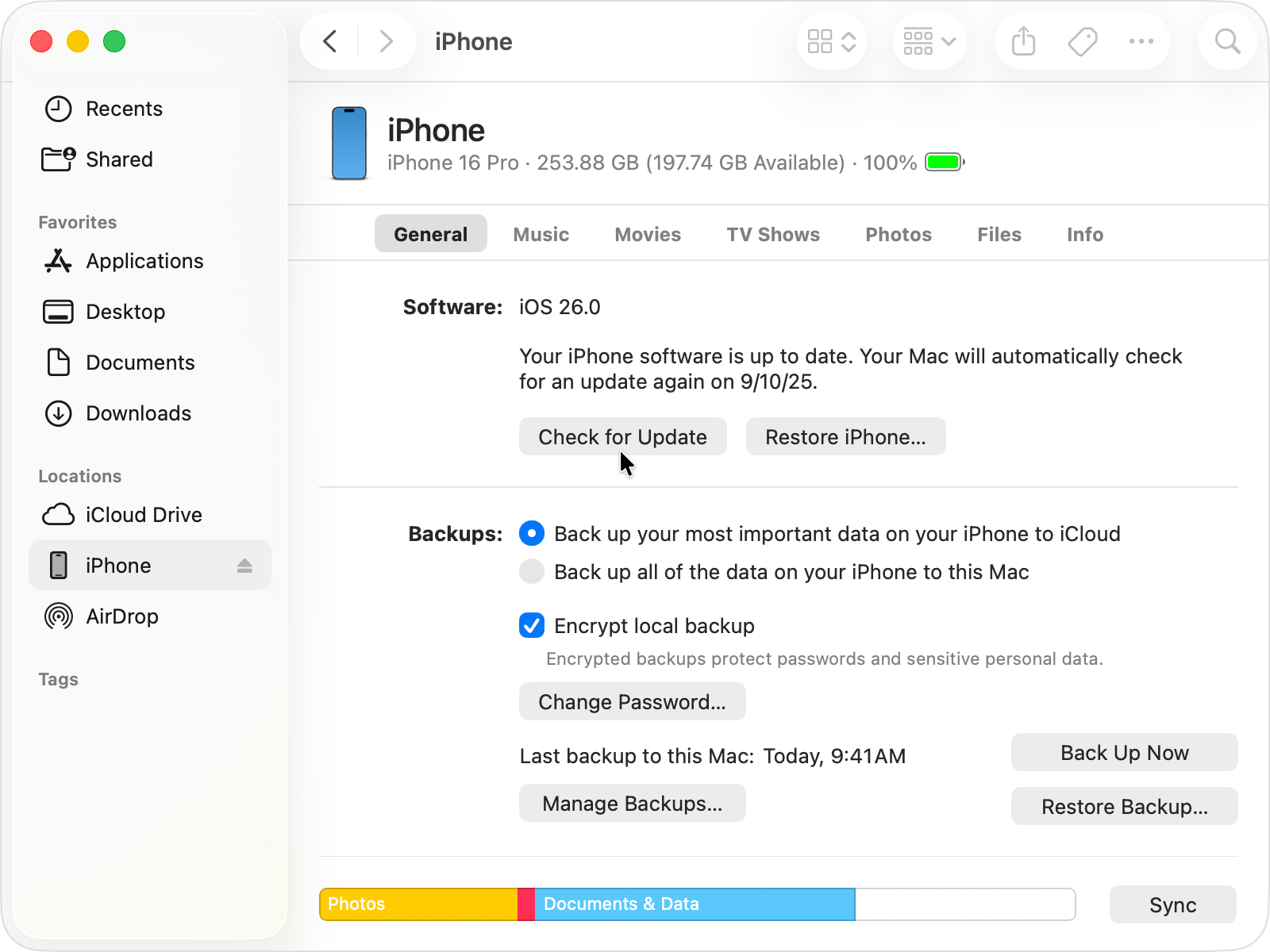 Cursor hovering over the "Check for Update" button in the Finder.