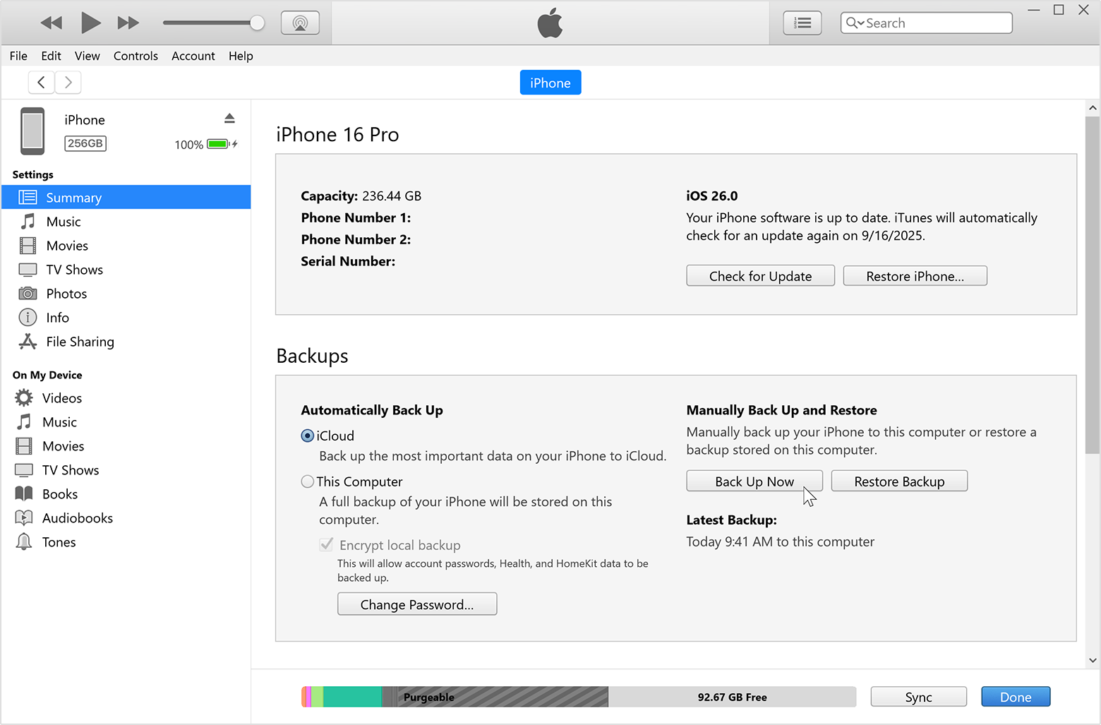 Cursor hovering over the Back Up Now button in iTunes for Windows.