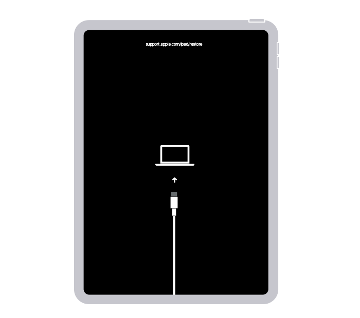 Un iPad con un cable de carga que apunta a un dibujo de un iPad.