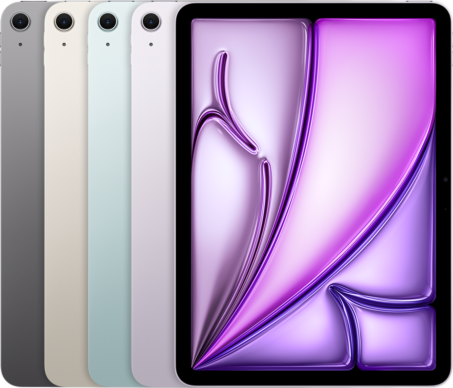 The backs of several iPad devices, side by side, in all available colors, followed by the front of one.