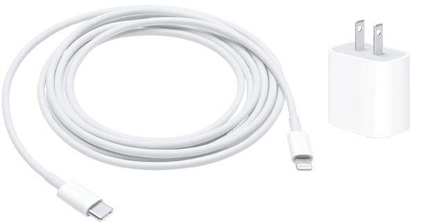 En Lightning-til-USB-kabel og en USB-C-adapter.