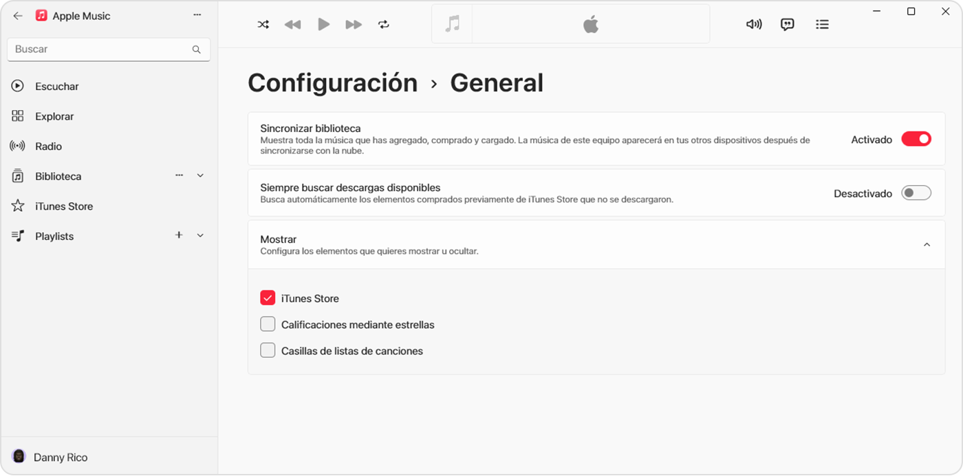 App Apple Music para Windows en la que se muestra la opción Sincronizar biblioteca activada en Configuración > General