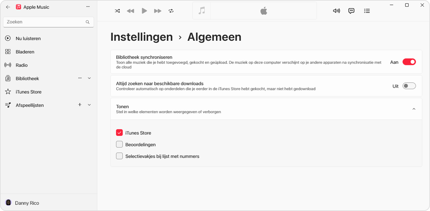 Apple Music-app voor Windows met 'Synchroniseer bibliotheek' ingeschakeld in 'Instellingen' > 'Algemeen'
