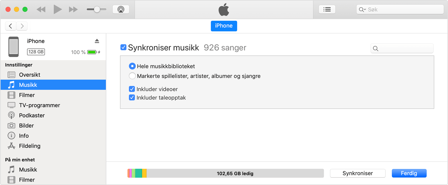 iTunes kan vise en oppsummering over mediene på den tilkoblede enheten.
