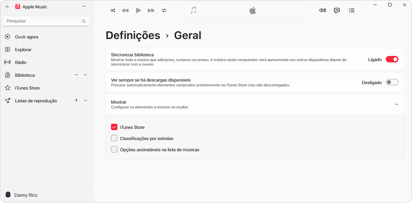 App Apple Music para Windows a mostrar a opção Sincronizar biblioteca ativa em Definições > Geral