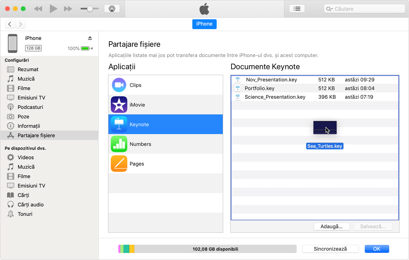 Eliberarea fișierului tras în lista Documente din Keynote.