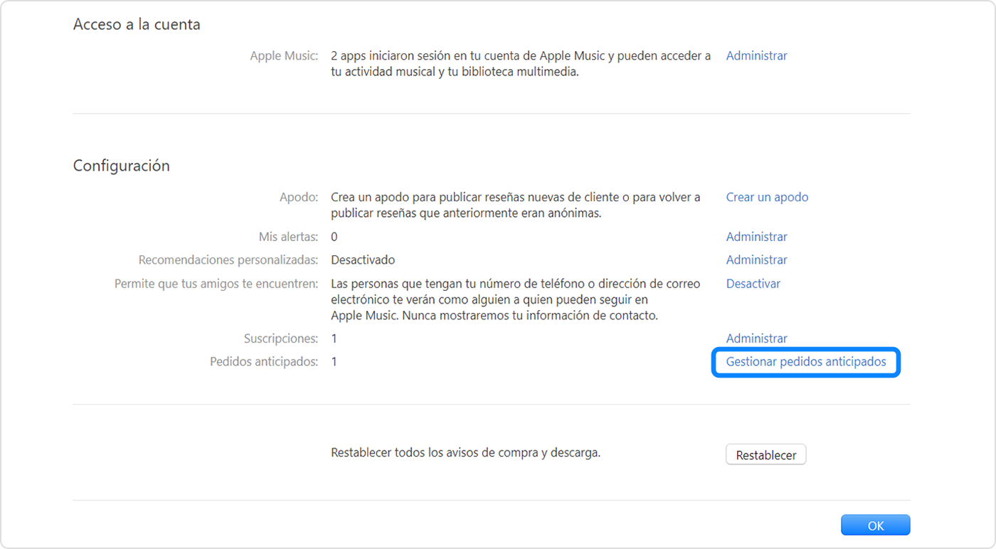 App Apple Music para PC con Windows que muestra Administrar pedidos anticipados en Configuración de la cuenta