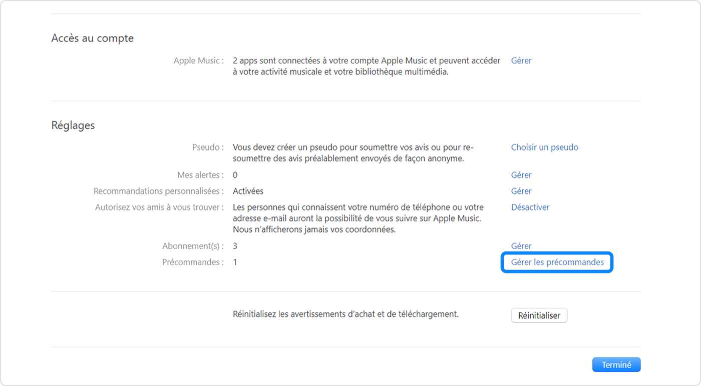 App Apple Music pour PC Windows affichant l’option Gérer les précommandes dans les réglages du compte