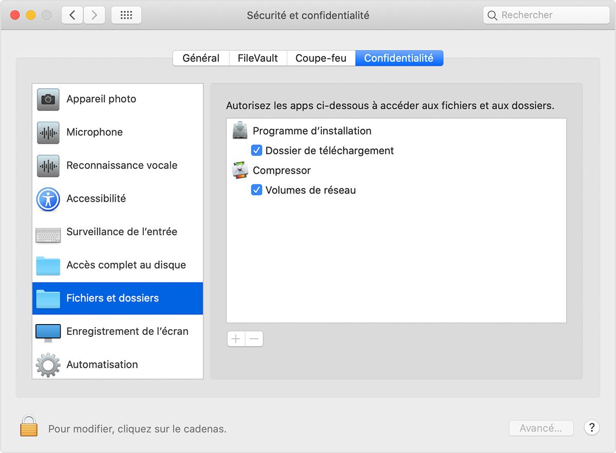 Onglet Confidentialité de Préférences système de sécurité et de confidentialité indiquant que les volumes de réseau de Compressor sont activés