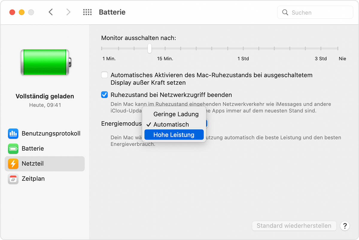 Wechseln der Energiemodi in den Systemeinstellungen auf dem Mac.